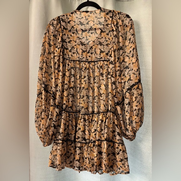 Free People Free Swinging ruffled long sleeve Mini Dress in Black and Cream - Picture 8 of 8